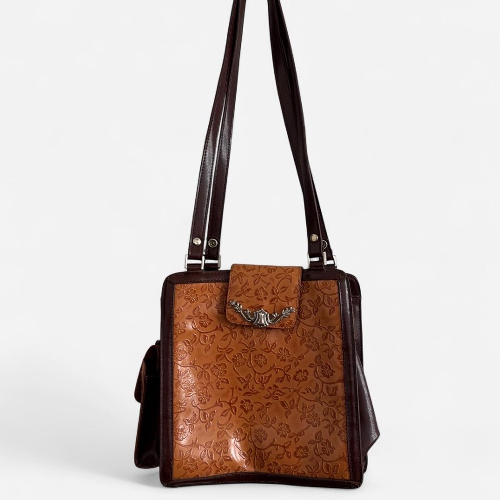 Vintage MC Marc Chantal Elegant Brown Leather Shoulder Bag with Floral Pattern